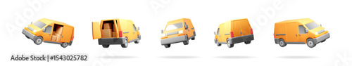 Delivery van 3d icon set. Mail express shipping service. Fast transportation symbol for web design, online store or mobile app.