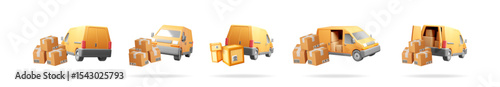 Delivery van with cardboard parcel box set. Express shipping service transportation concept. Logistics courier vehicle for global mail post freight.