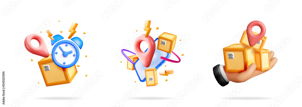 Fototapeta premium Express delivery tracking icons with map pointer, time, phone. Cargo boxes in human hand. Delivery service banner.