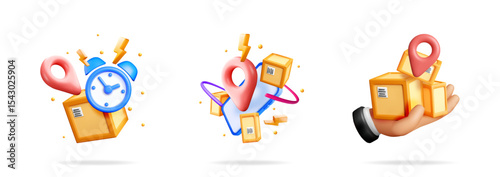 Express delivery tracking icons with map pointer, time, phone. Cargo boxes in human hand. Delivery service banner.