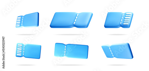 Collection of blue 3d tickets in different angles. Coupon or admission pass concept for event, cinema, travel.