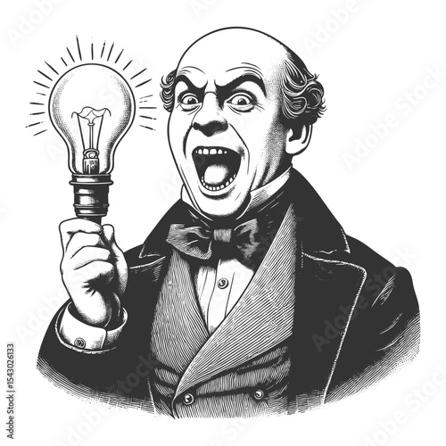 excited Victorian gentleman holding a glowing light bulb, sudden creative idea or realization sketch engraving generative ai fictional character vector illustration. Scratch board. Black and white.