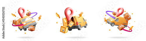 Set of 3D yellow delivery vans and parcels with lightning and map pin creating a dynamic shipping concept for fast express mail.