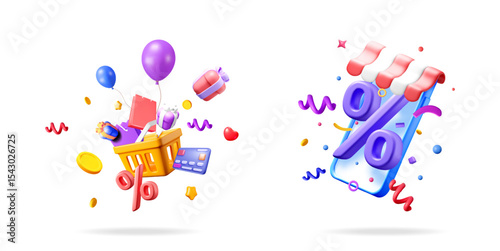 Shopping cart with gifts and credit card, smartphone with percentage sign for online sale and promotion offer.