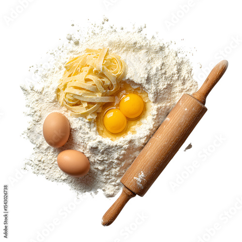  Flat-lay of fresh pasta prep with flour, egg yolks, and rolling pin, top-down, isolated on transparent background