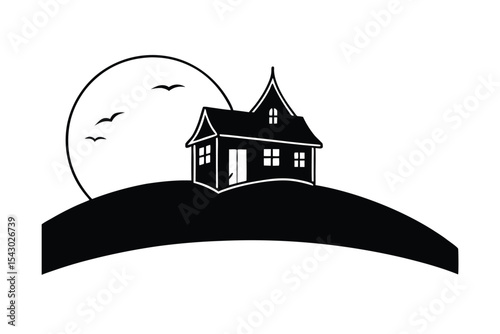 Spooky Hilltop House with Full Moon A Halloween Vector Illustration