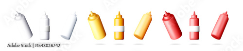 Condiment bottle set 3d style. Red, yellow, and white squeeze bottle for sauce, ketchup, and mustard concept. For food design.