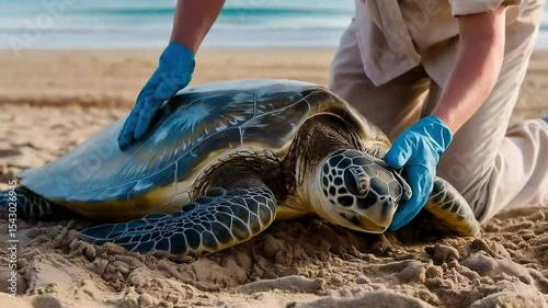 Wallpaper Mural A wildlife conservationist wearing blue gloves kneels on a sandy beach, gently examining a large sea turtle with the ocean in the background Torontodigital.ca
