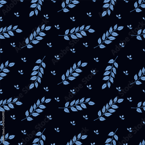 Leaves and blue flowers. Hand-drawn graphics. Seamless patterns for fabric and packaging design. Textile pattern.