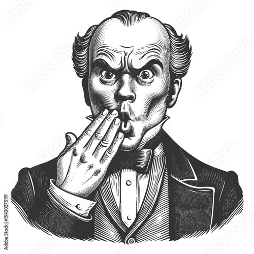 Funny surprised Victorian gentleman with wide eyes, covering his mouth in disbelief or astonishment sketch engraving generative ai fictional character vector. Scratch board. Black and white image.
