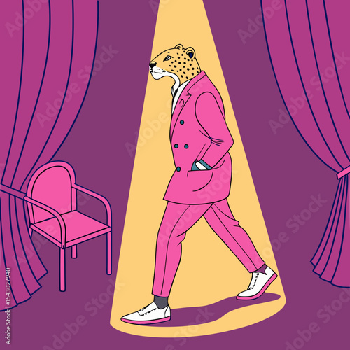 surreal style with vibrant contrast, a leopard in a pink suit with a magenta background, surreal animal portrait art, medium close up view, vibrant colors, striking pose, bold patterns, whimsical atti