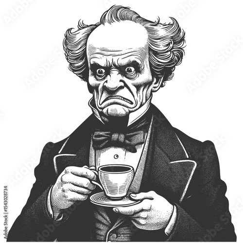 Funny furious, wild-haired Victorian man in formal wear, gripping coffee cup with intense scowl sketch engraving generative ai fictional character vector illustration. Scratch board. Black and white.