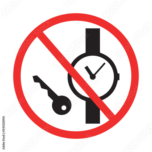 prohibition sign for no keys or watches, red circle symbol with diagonal bar indicating restricted items