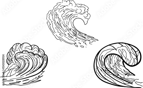 Black sea surf ocean waves sketch summer style in vector
