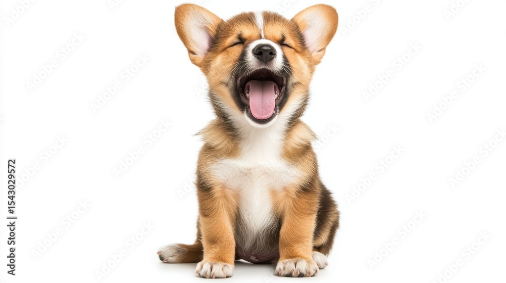 Obraz premium cute puppy with a tongue sticking out. The puppy is sitting on a white background. The puppy has a happy expression on its face
