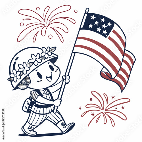 Vector illustration of a Excited Solider with with a flower crown, styled in a 4th of July theme using Patriotic Spark colors