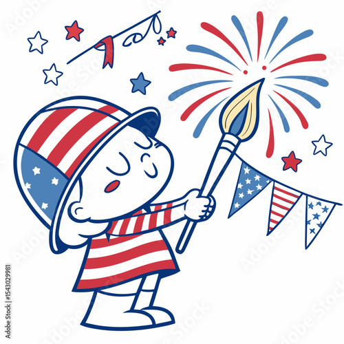 Cute Sleepy Solider, accessorized with holding a paintbrush, in a 4th of July world – Patriotic Spark palette vector