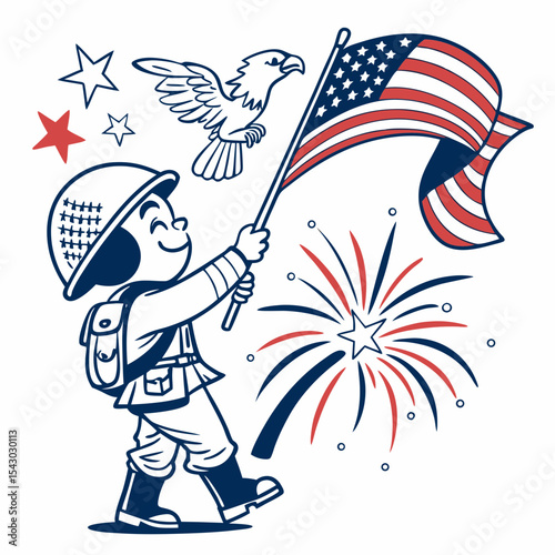 SVG art: A Amused Solider in a 4th of July vibe with with a magic wand, tinted with Patriotic Spark tones