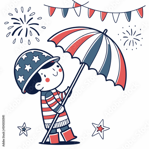 Dreamy expression on a Solider in a 4th of July theme, with under an umbrella – Patriotic Spark vector art