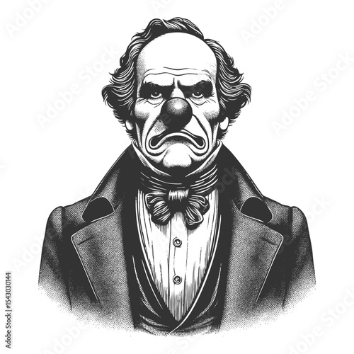 sorrowful Victorian man with a clown nose and exaggerated frown wearing a formal vintage suit sketch engraving generative ai fictional character vector illustration. Scratch board. Black and white.