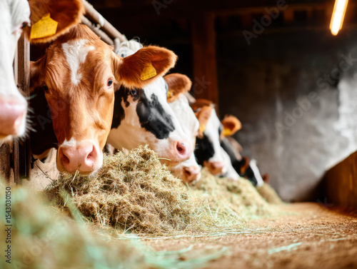 Group of cows eating hay in a rustic cowshed on a dairy farm with warm lighting