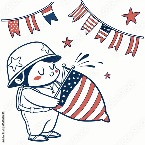 Patriotic Spark themed SVG: Funny Solider with hugging a pillow in a 4th of July environment