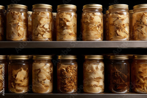 Dried fish maw stored in stacked jars on shelf, showcasing unique culinary ingredient
