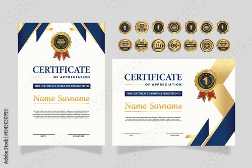 Certificate of appreciation template, gold and blue color. Clean modern certificate with gold badge. Certificate border template with luxury and modern line pattern