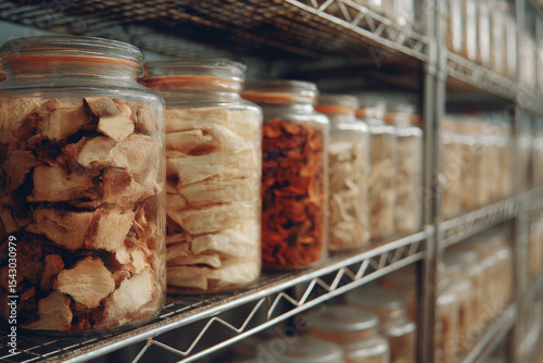 Dried fish maw stored stacked jars metal shelves, showcasing variety of textures and colors