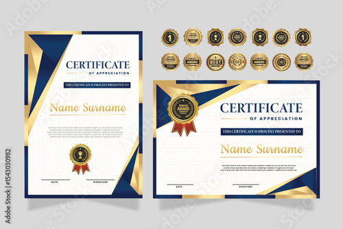 Certificate of appreciation template, gold and blue color. Clean modern certificate with gold badge. Certificate border template with luxury and modern line pattern
