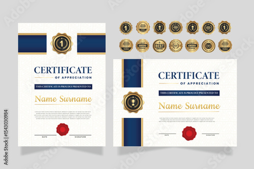 Certificate of appreciation template, gold and blue color. Clean modern certificate with gold badge. Certificate border template with luxury and modern line pattern