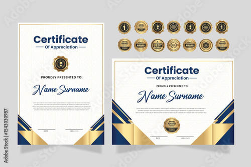Certificate of appreciation template, gold and blue color. Clean modern certificate with gold badge. Certificate border template with luxury and modern line pattern