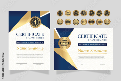 Certificate of appreciation template, gold and blue color. Clean modern certificate with gold badge. Certificate border template with luxury and modern line pattern