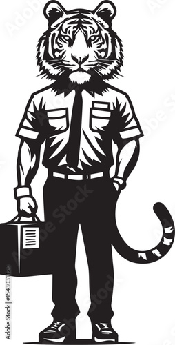 A cute tiger courier in a cap delivers a package swiftly, showcasing vibrant black and white vector art style ideal for branding and logos