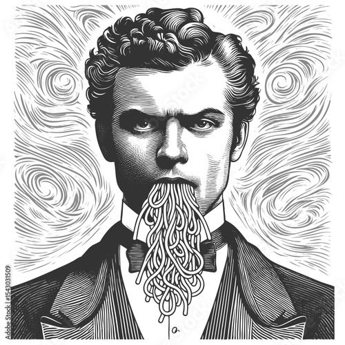 serious man in formal clothing with spaghetti flowing from his mouth in surreal fashion sketch engraving generative ai fictional character vector illustration. Scratch board. Black and white image.