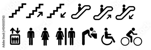 A set of public facility icons in black and white style isolated on white background. 