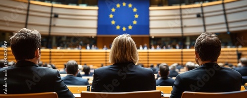 Delegates attend a formal meeting or session in a large conference hall with the European Union flag prominently displayed.