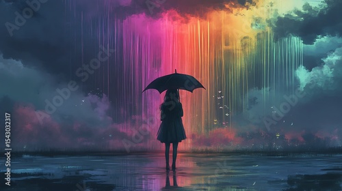 A girl holding an umbrella as acid rain falls from the sky 