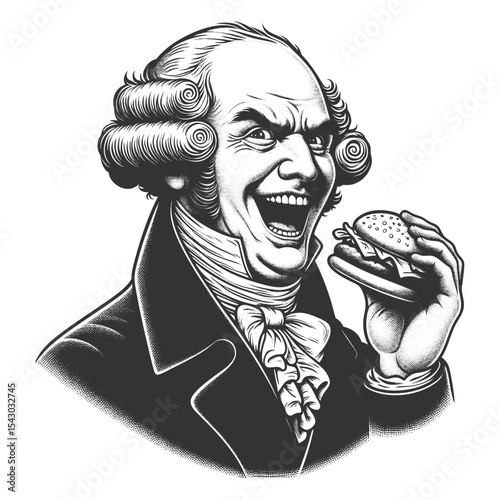 jovial aristocrat with curled wig, laughing while holding a cheeseburger in his hand sketch engraving generative ai fictional character vector illustration. Scratch board imitation. Black and white.