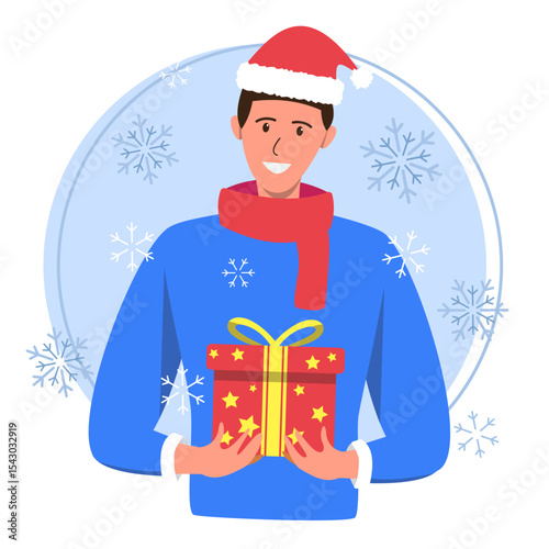 Man Holding Christmas Gift with Festive Snowflakes Background