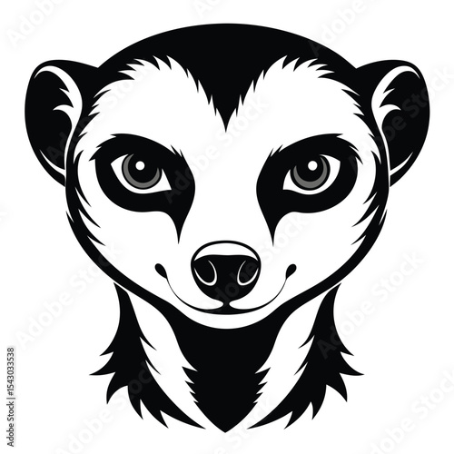 Meerkat head gazes forward with distinct black facial markings and a gentle smile