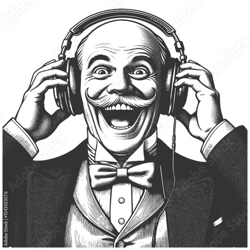 joyful bald man in formal attire wearing headphones laughing heartily while listening to music sketch engraving generative ai fictional character vector illustration. Scratch board. Black and white.