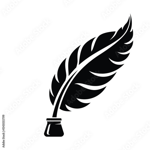 Inkwell and feather pen logo template. Ink bottle and quill pen vector design.