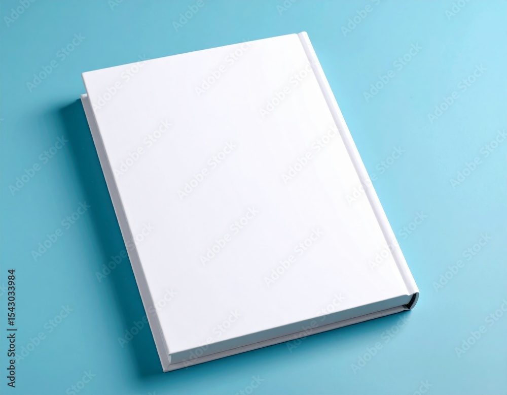 A blank white hardcover book lying closed on a light blue surface, ideal for customization or design mockups. A blank white hardcover book lying closed on a light blue surface, ideal for customization or design mockups.