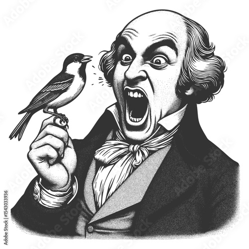 Funny Victorian man yelling at a small bird perched on his finger, creating a comic scene sketch engraving generative ai fictional character vector illustration. Scratch board. Black and white image.