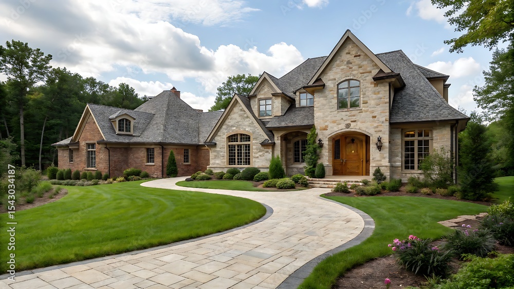 Fototapeta premium Luxurious Stone Mansion with Brick Driveway and Lush Landscape