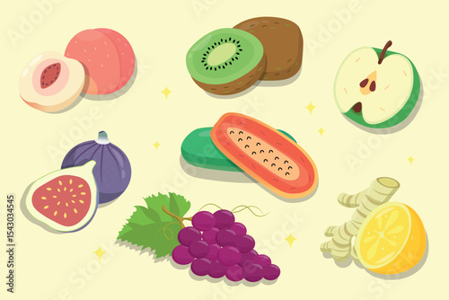 Flat Fruit Icons Set.  Peach, apple, ginger, lemon, fig, grapes, papaya, and kiwi. Perfect for healthy food designs, packaging, kitchen prints, recipe books, and organic branding. 