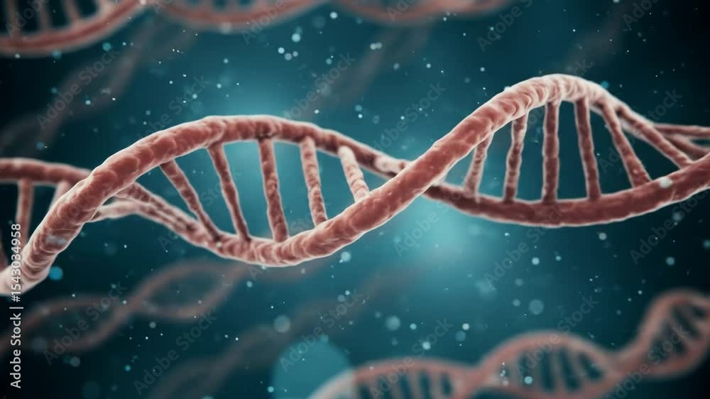 DNA Double Helix Microscopic View - A detailed microscopic video of a DNA double helix. The video showcases the intricate structure of the molecule against a dark teal background with floating