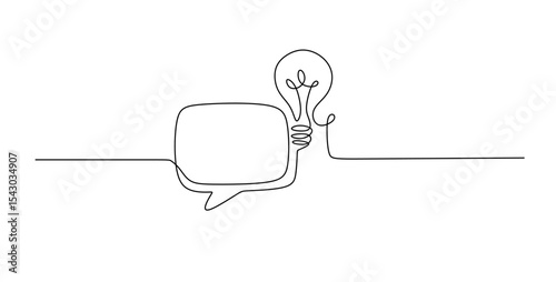 Quick tips.Continuous one line drawing of light bulb and speech bubble. Trendy line art vector on a white background. Editable stroke