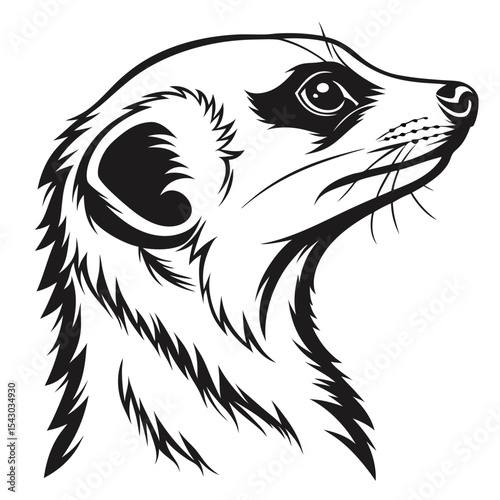 Black and white meerkat illustration showcases its sleek head and distinctive facial features in profile